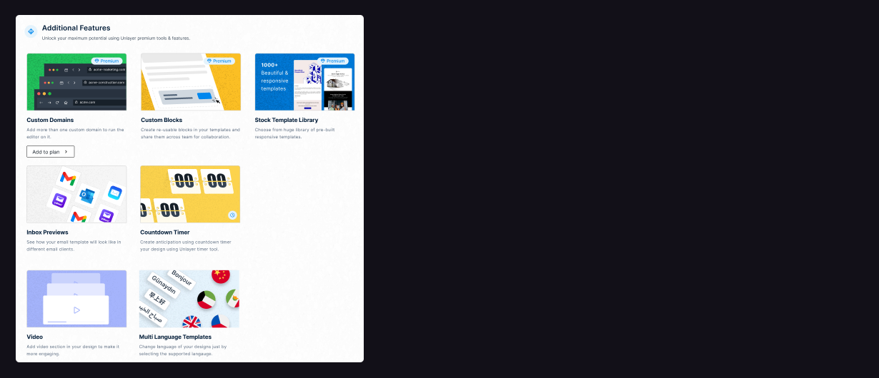 Unlayer Console overview — projects and builders